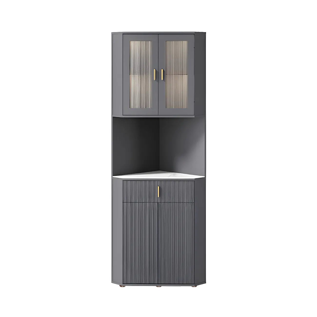 Meuble d'angle de rangement moderne en bois blanc crème et accents dorés