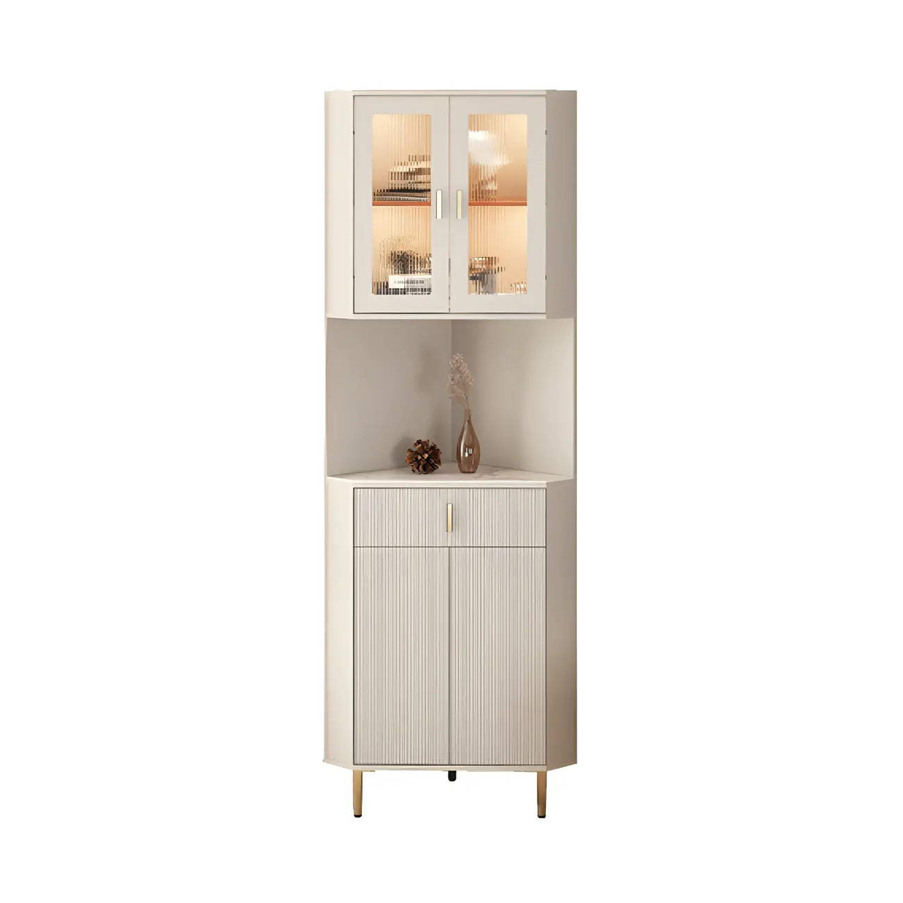 Meuble d'angle de rangement moderne en bois blanc crème et accents dorés