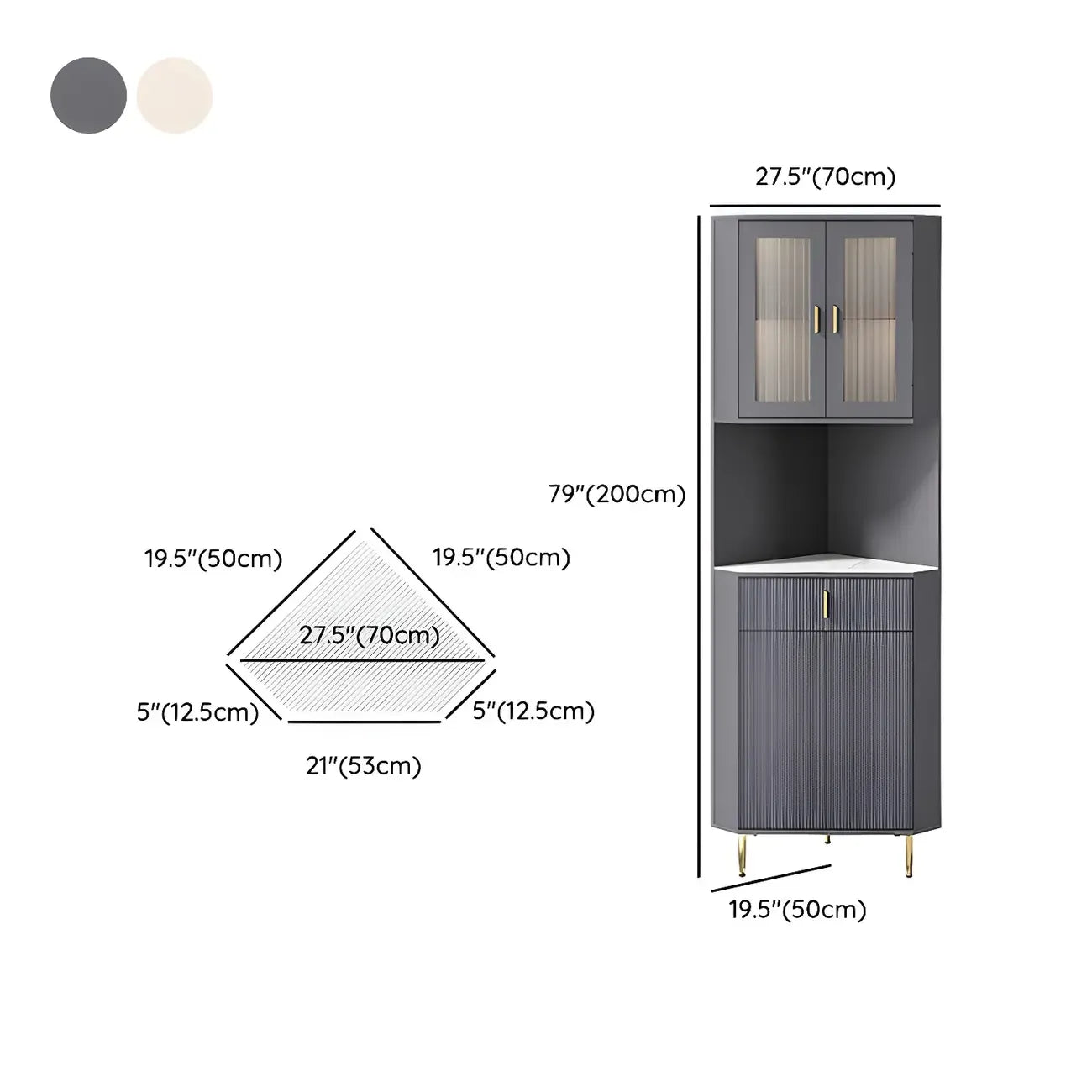 Meuble d'angle de rangement moderne en bois blanc crème et accents dorés