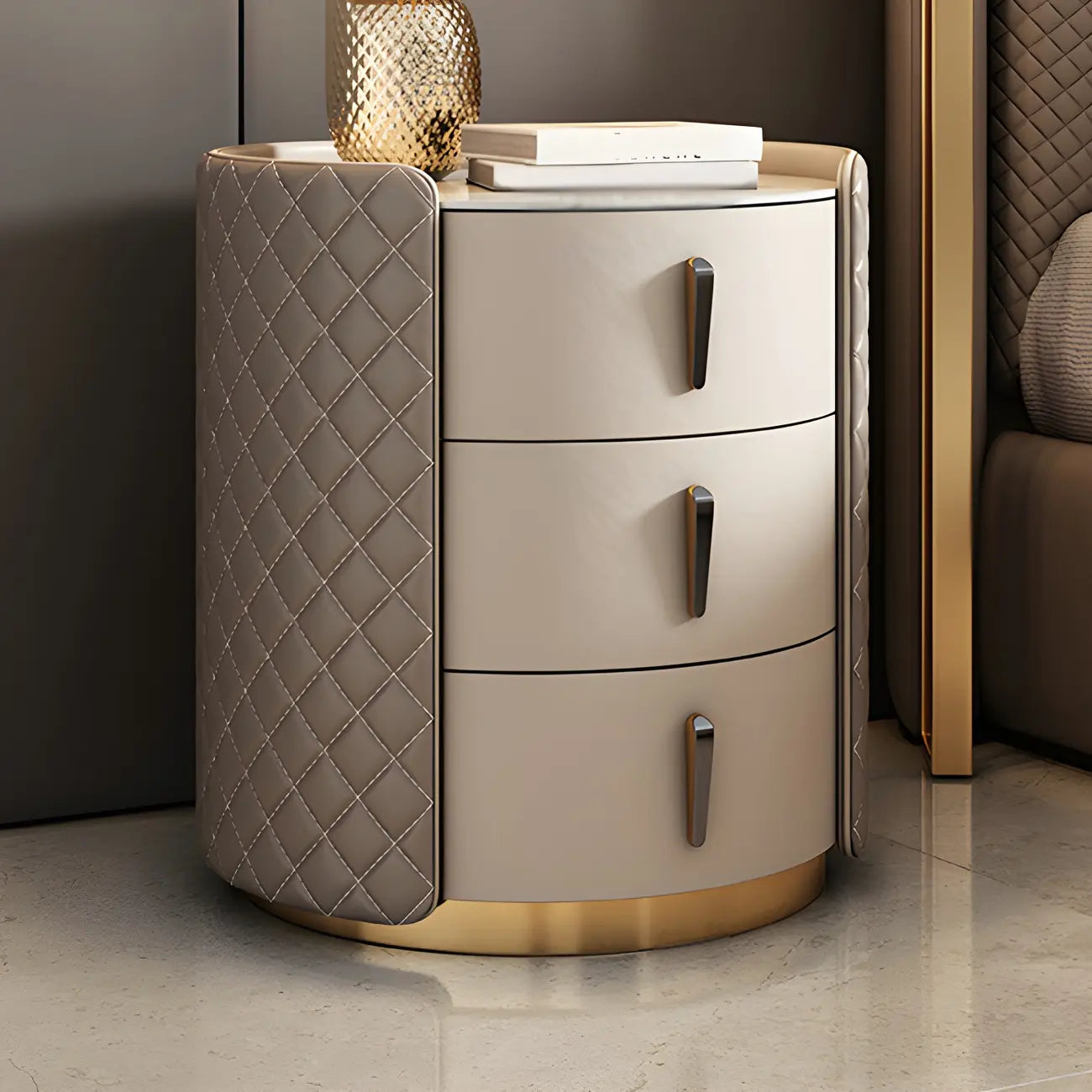 Table de chevet moderne en similicuir beige avec tiroirs