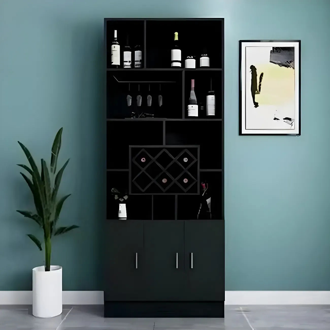 Cave à vin moderne noire, grande, ouverte et empilable en bois.