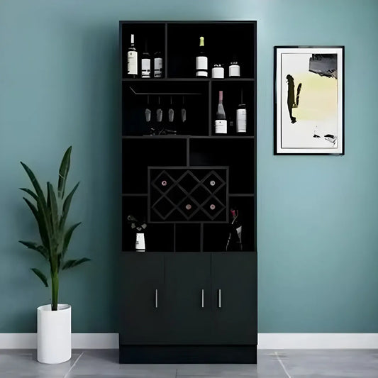 Cave à vin moderne noire, grande, ouverte et empilable en bois.