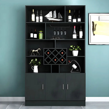 Cave à vin moderne noire, grande, ouverte et empilable en bois.