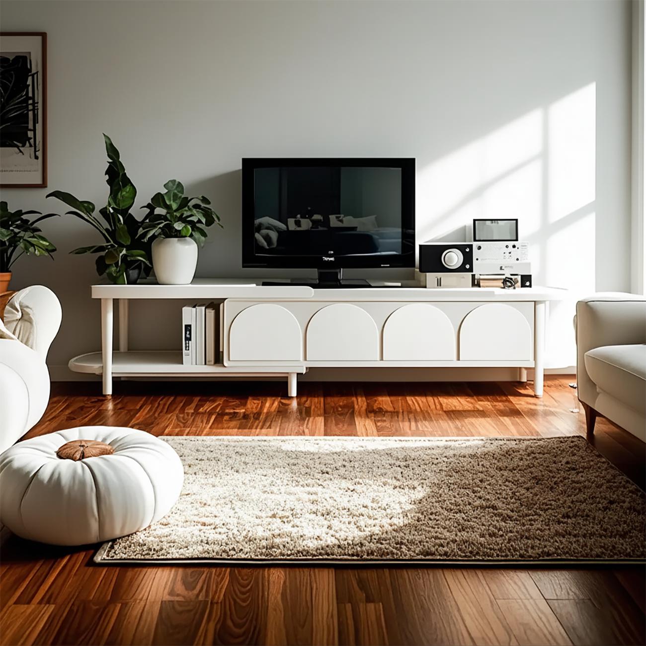 Meuble TV avec étagère latérale en bois nordique blanc et armoire