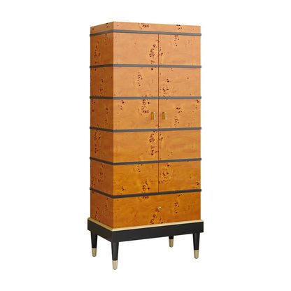 Meuble à vin rustique en loupe de bois avec tiroirs et porte-verres