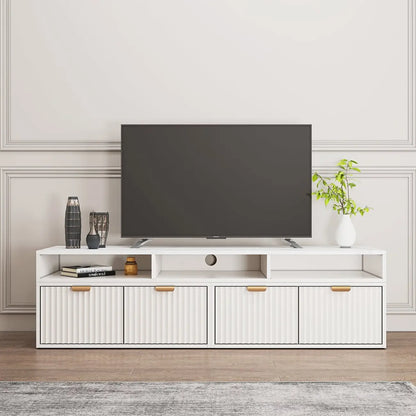 Meuble TV d'angle moderne blanc à 2 tiroirs avec rangement ouvert