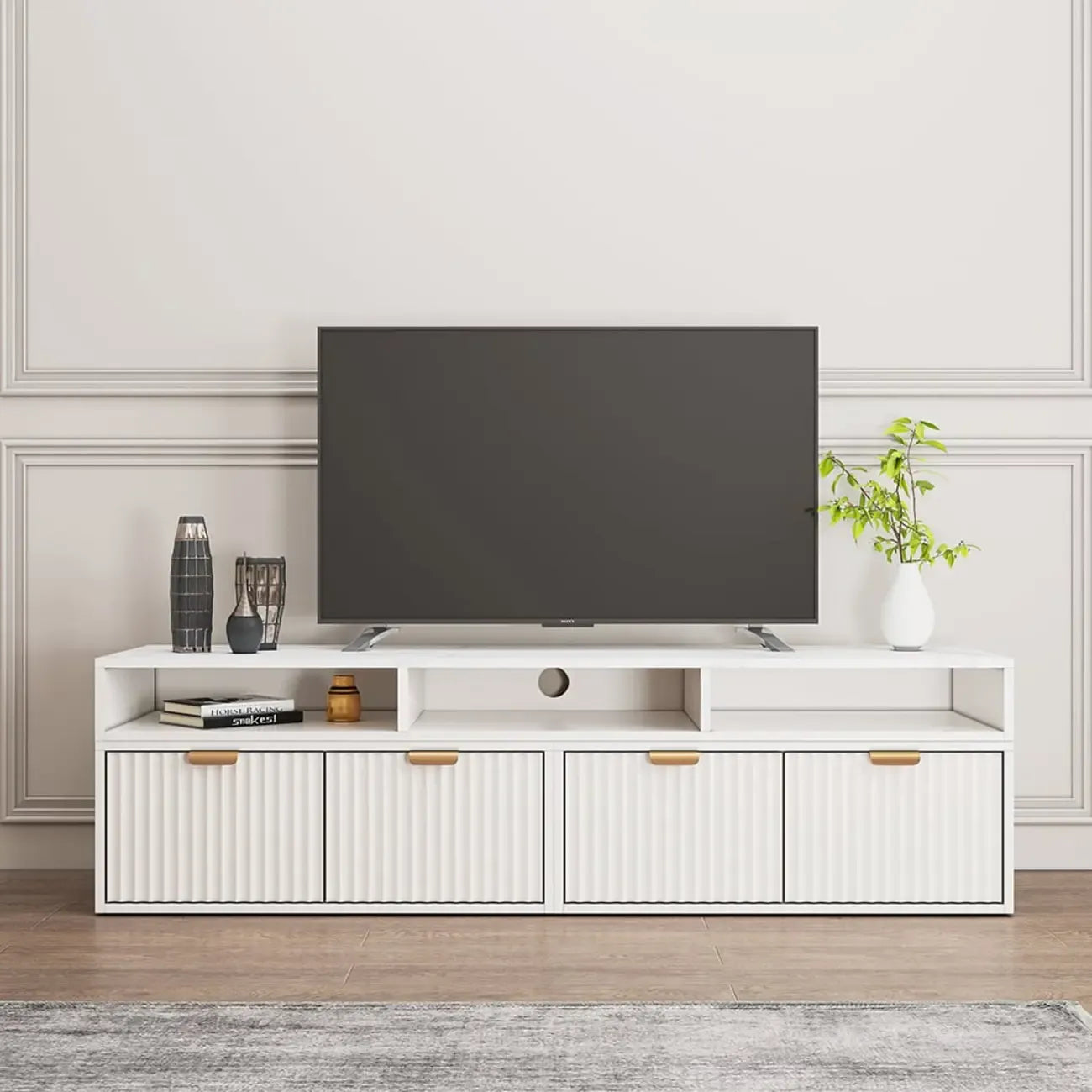 Meuble TV d'angle moderne blanc à 2 tiroirs avec rangement ouvert