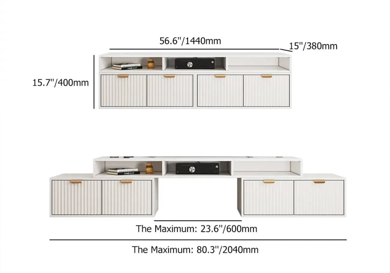 Meuble TV d'angle moderne blanc à 2 tiroirs avec rangement ouvert