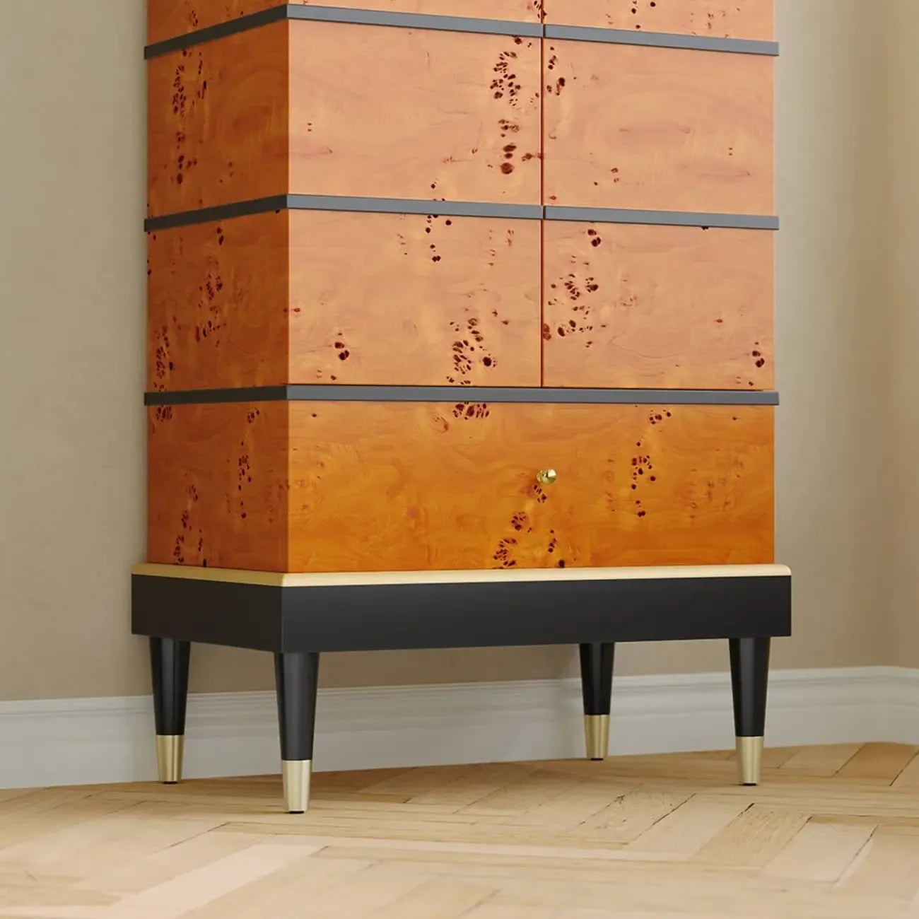 Meuble à vin rustique en loupe de bois avec tiroirs et porte-verres