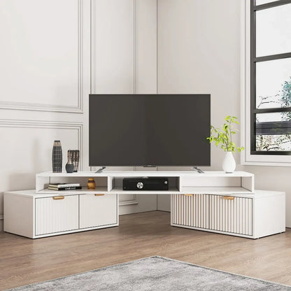 Meuble TV d'angle moderne blanc à 2 tiroirs avec rangement ouvert
