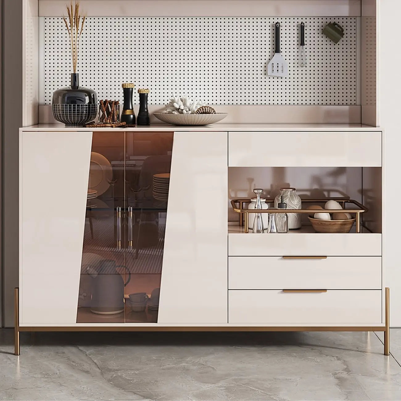 Buffet de rangement de luxe en MDF avec panneau perforé et accents dorés