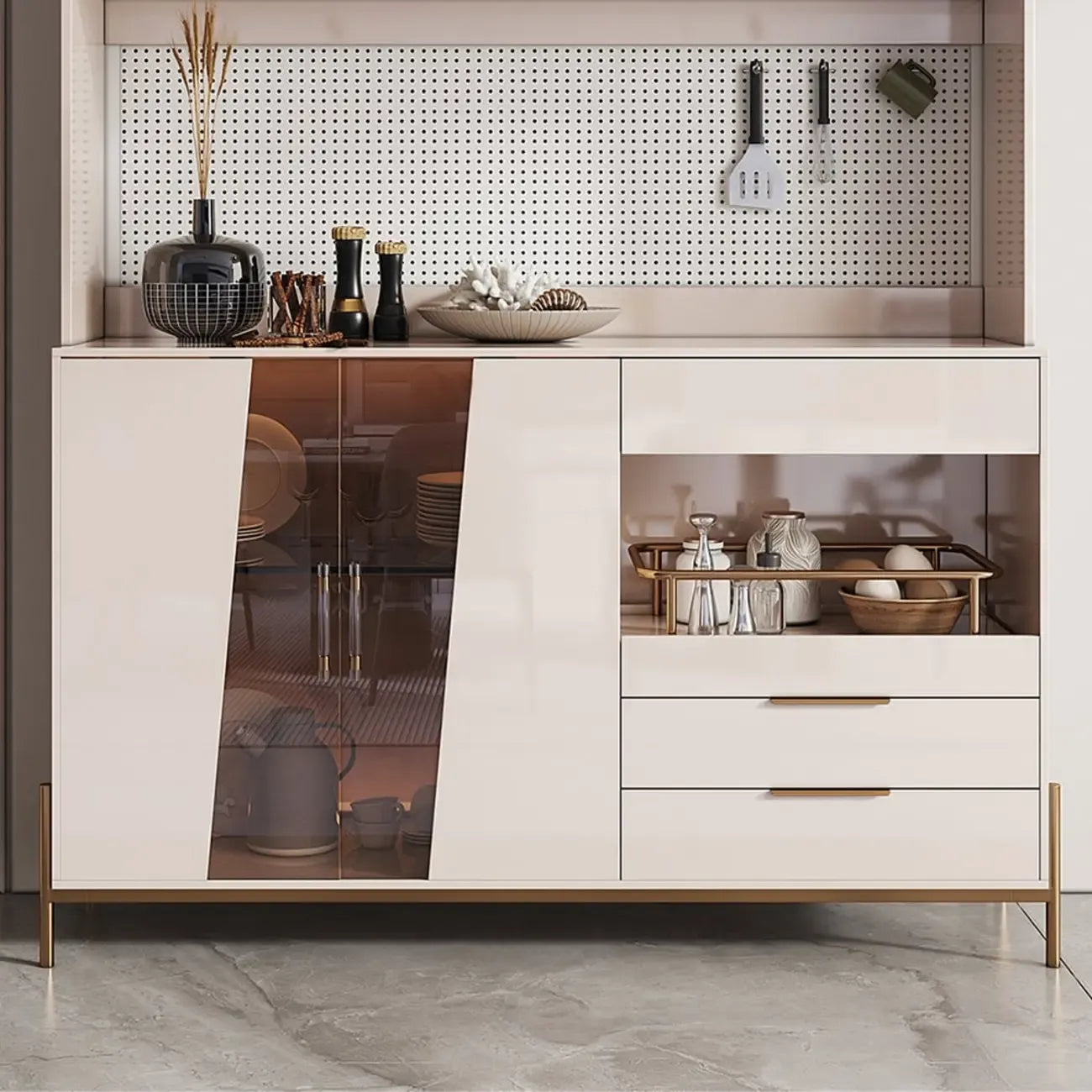 Buffet de rangement de luxe en MDF avec panneau perforé et accents dorés