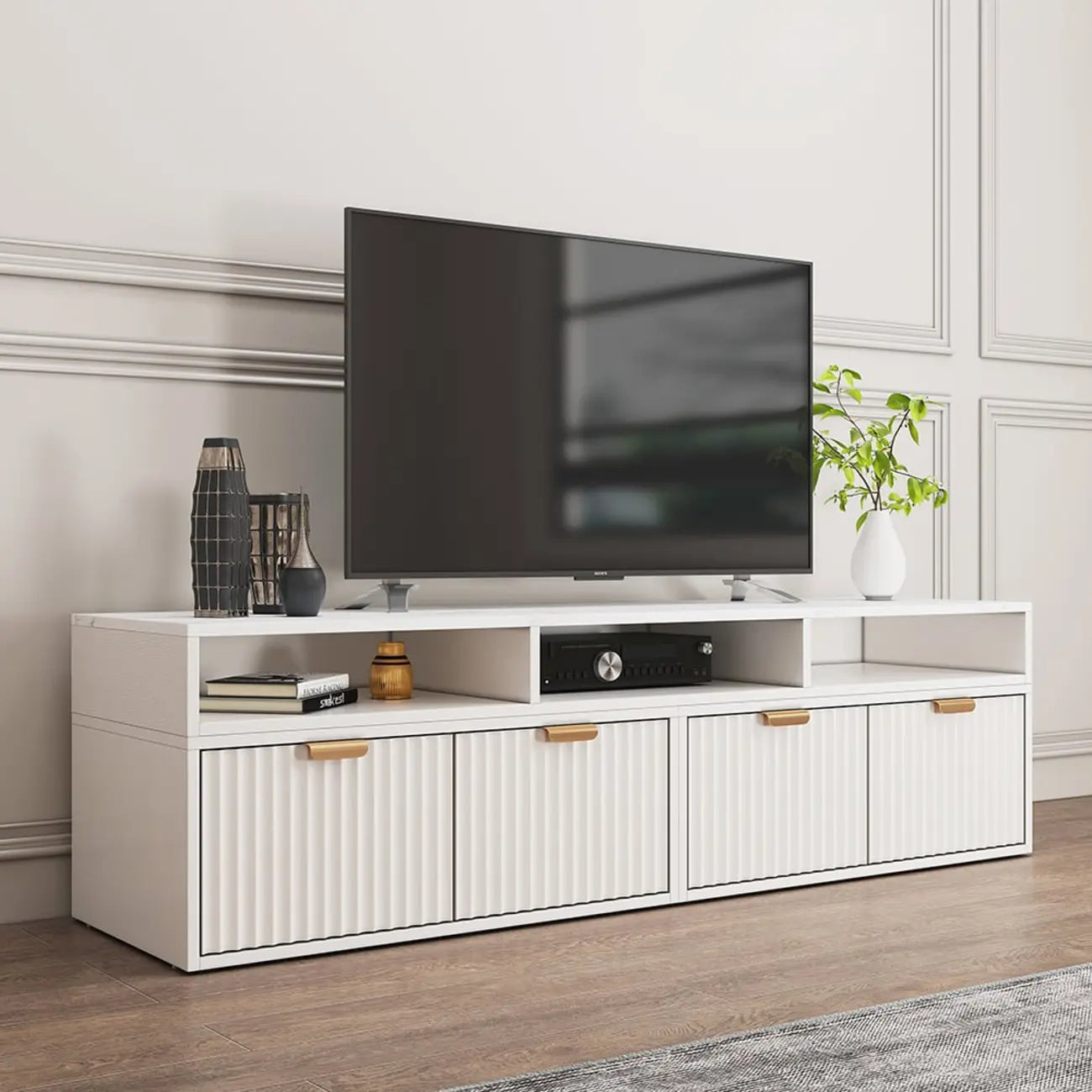 Meuble TV d'angle moderne blanc à 2 tiroirs avec rangement ouvert